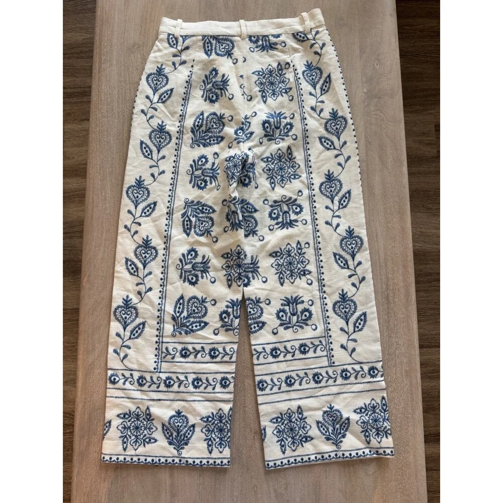Zara NWT Embroidered Linen Blend Straight Leg Pants Ivory & Blue Pattern Size XS - Picture 9 of 9